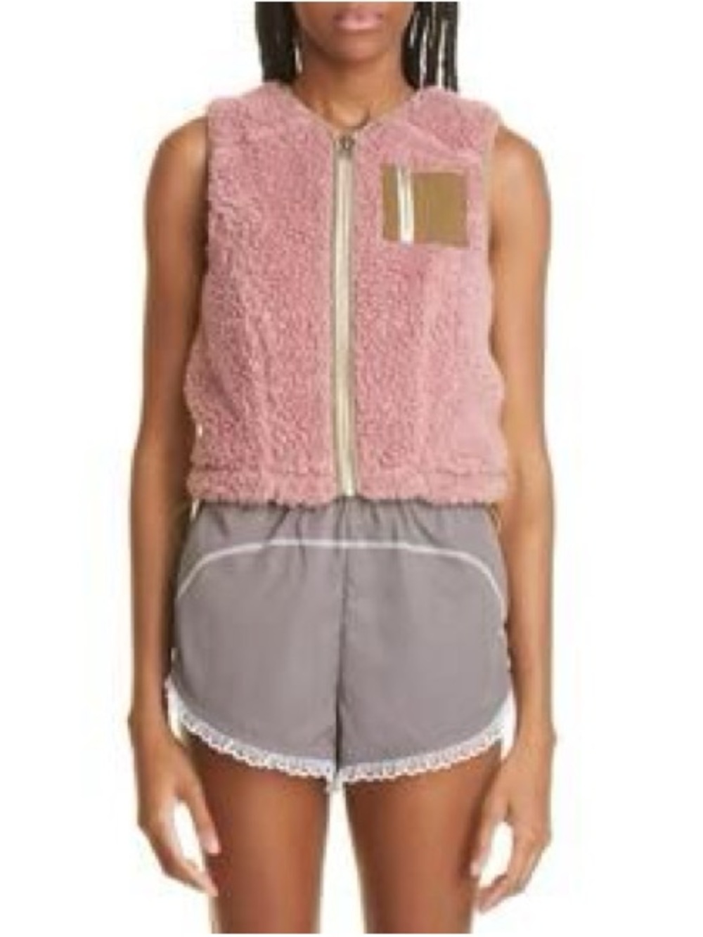 Sandy Liang Elan Fleece Dusty Pink Sherpa Zip Crop Vest